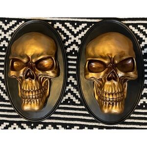 Set Of 2 Gold Skull Wall Plaques
